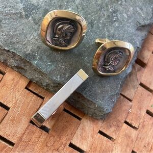 Swank Gold and Silver Roman Warrior Cufflinks & Tie Clip sold as set Vintage